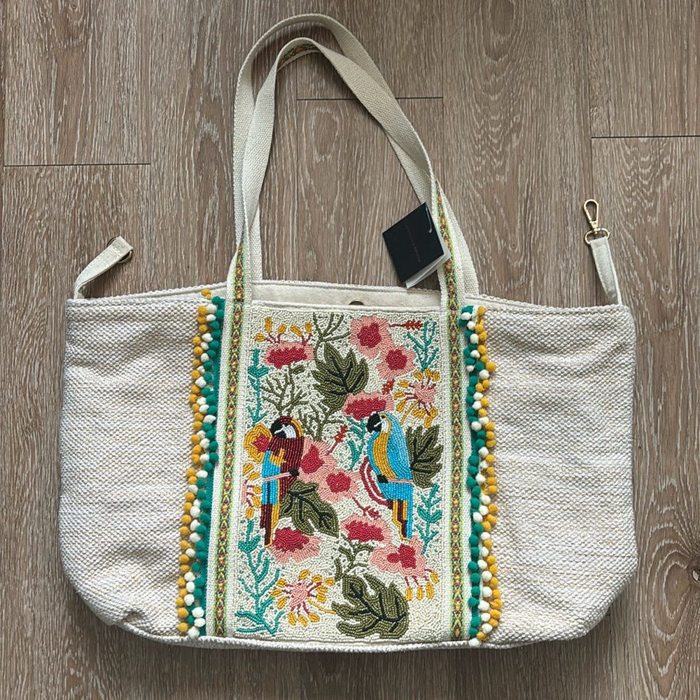 New! America & Beyond beaded parrot tote bag/purse w pom poms & sparkle